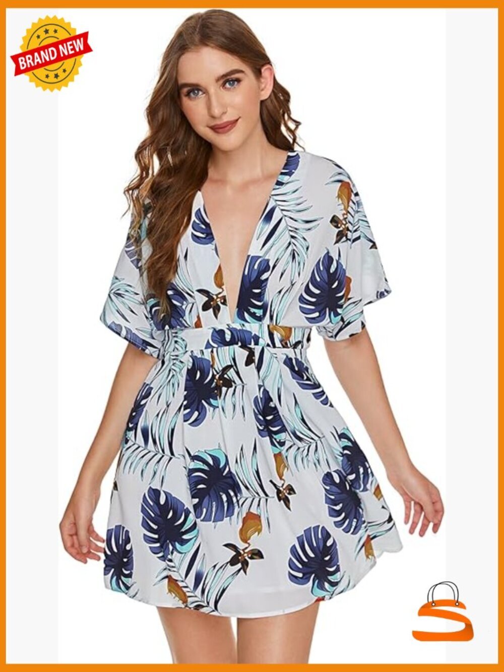 Tropical Floral Plunging V Neck Tie Backless Summer Mini Dress